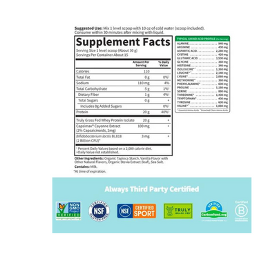 Sport Grass Fed Whey+ Weight Management Protein Powder - Vanilla